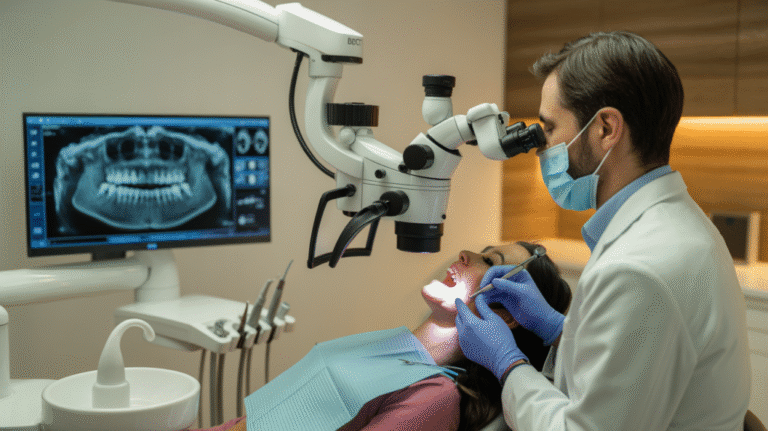 ideogram v3.0 Modern dental clinic interior with an endodontist treating a patient advanced dental microscope and 0 1024x574 1 768x431