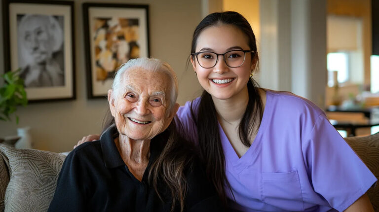 dunwoody caregiver poses with happy senior 768x430